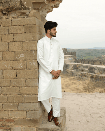 White 2-Piece Brocade Suit with Golden Detailing And With Pant For Men